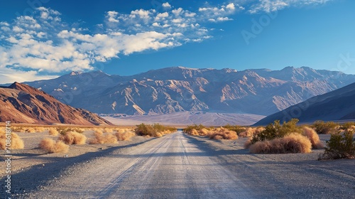 An unpaved road leads straight to the high mountains of Death Valley. photo