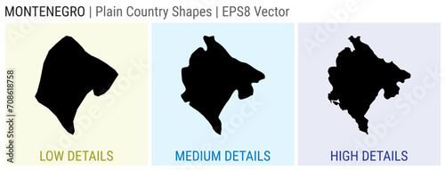 Montenegro - plain country shape. Low, medium, and high detailed maps of Montenegro. EPS8 Vector illustration.