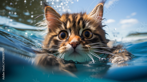 Cat swims in the pool.Summer