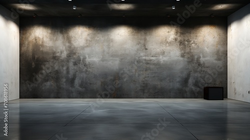 Interior of the gallery with a concrete floor and an empty grey wall, Generative AI. © Electro Unicorn