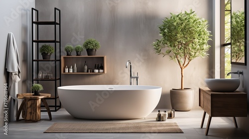 Large  contemporary bathroom with bathtub  sink  planter  and towels  Generative AI.