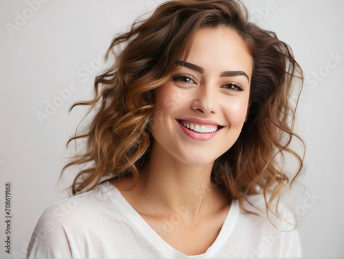 Portrait of a beautiful woman smiling with white t-shirt isolated in studio background