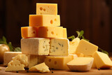 Various types of cheese on a wooden surface. Generated by artificial intelligence