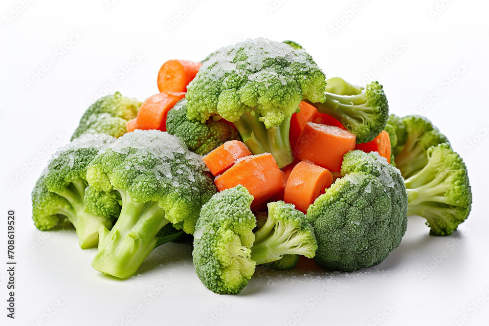 Frozen broccoli and carrots on a white background. Preparing vegetables for the winter. Generated by artificial intelligence Frozen broccoli and carrots on a white background. Preparing vegetables for the winter. Generated by artificial intelligence