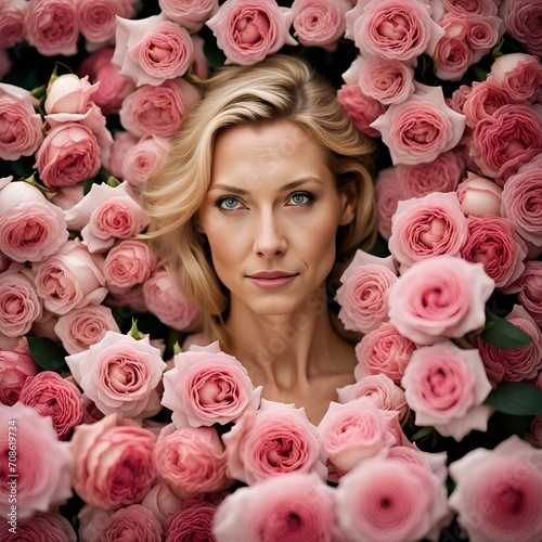blonde woman surrounded by pink roses