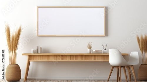 Mock up wall design with a blank canvas or frame above the living room workplace for photo display, Generative AI.