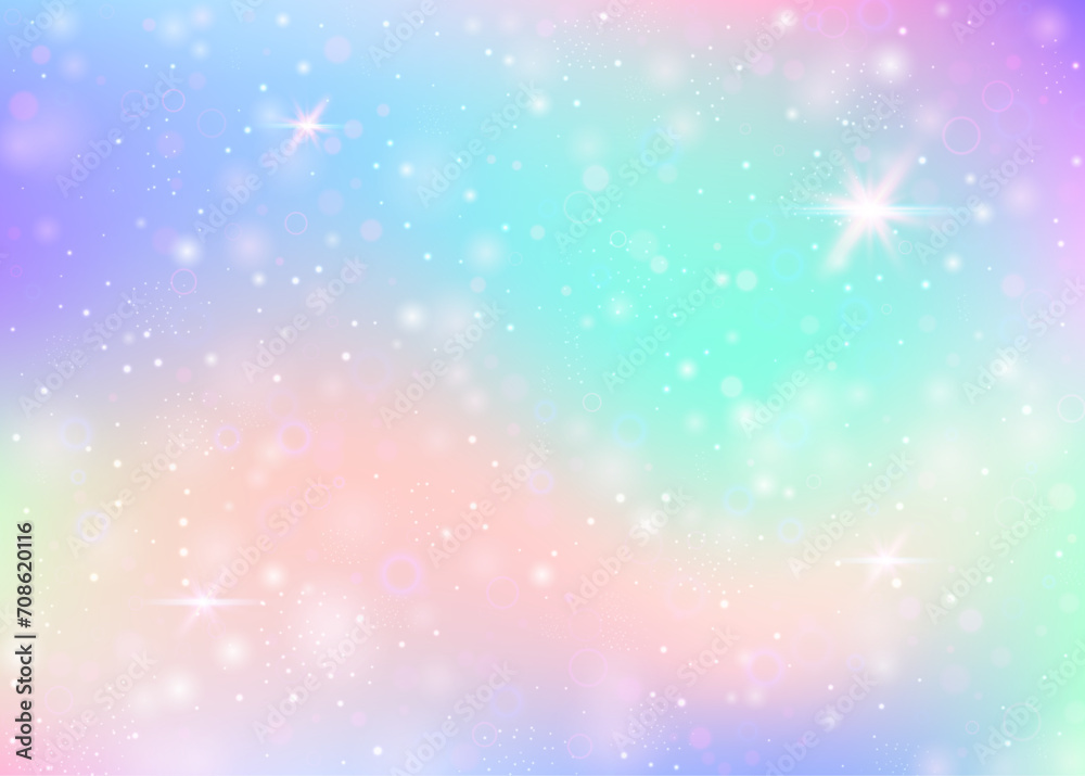 Unicorn background with rainbow mesh. Kawaii universe banner in princess colors. Fantasy gradient backdrop with hologram. Holographic unicorn background with magic sparkles, stars and blurs. Unicorn background with rainbow mesh. Kawaii universe banner in princess colors. Fantasy gradient backdrop with hologram. Holographic unicorn background with magic sparkles, stars and blurs.