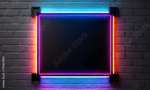 Neon frame on brick wall. Background concept