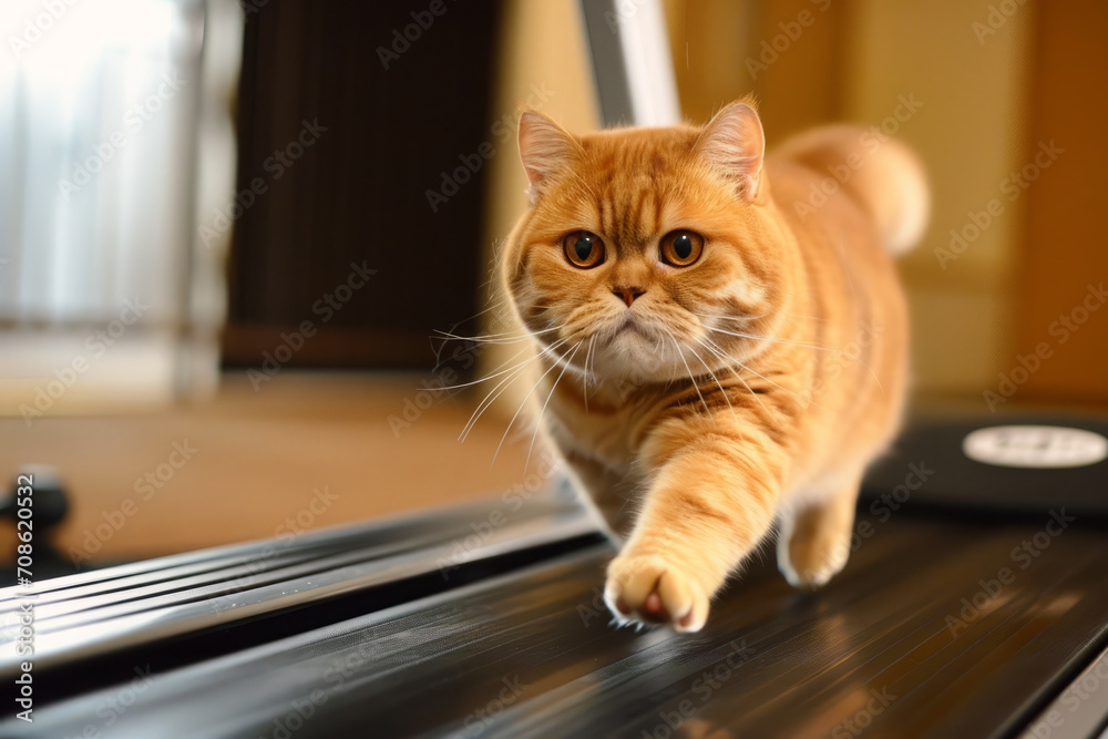 Fat cat runs on treadmill in gym. Funny pet doing cardio exercises for burning calories. Sports training for weight loss Fat cat runs on treadmill in gym. Funny pet doing cardio exercises for burning calories. Sports training for weight loss