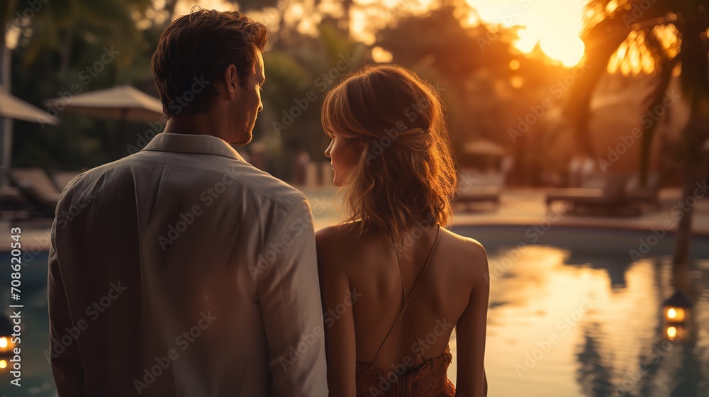 Naklejka premium On summer vacation, a young couple is lounging by a tropical resort pool and taking in the sunset, Generative AI.