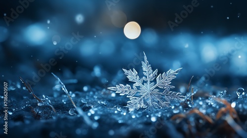 On an icy winter's night, snowflake ice crystals descending upon plants and frozen ground, Generative AI. photo
