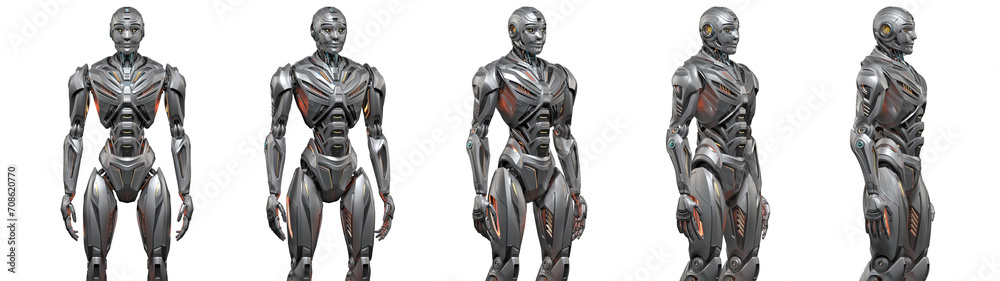 Futuristic robot man or very detailed cyborg standing. Full body. Collage or set of five different angles. Isolated on transparent background. 3d render Futuristic robot man or very detailed cyborg standing. Full body. Collage or set of five different angles. Isolated on transparent background. 3d render