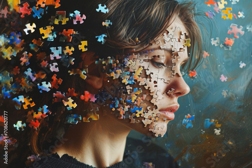 Woman head fragmented with many puzzle pieces. Mental disorder and chaos in consciousness, self identity concept photo