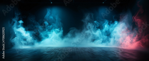 Background of an empty room with smoke and neon light