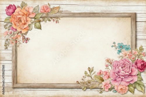 aged frame, colorful flower watercolor designs for warm greetings, old note paper, felicitations, invitations, and cards photo