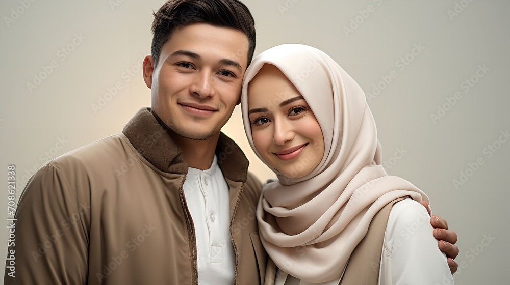 Photograph of a devoted Muslim couple standing on grey, Generative AI.