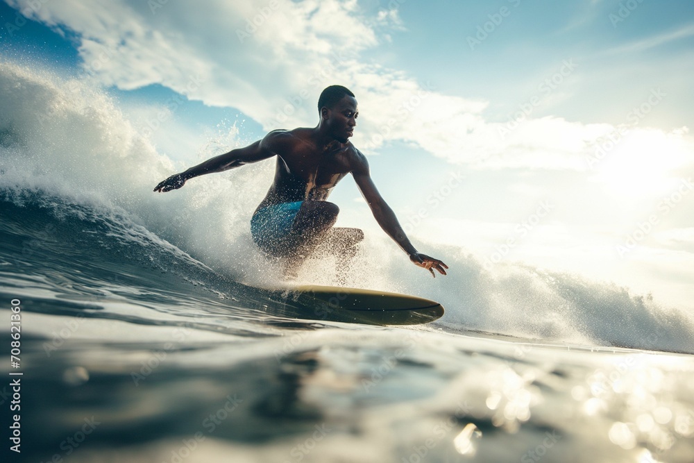 Dynamic Surfing Action: Young Man Riding Ocean Wave
