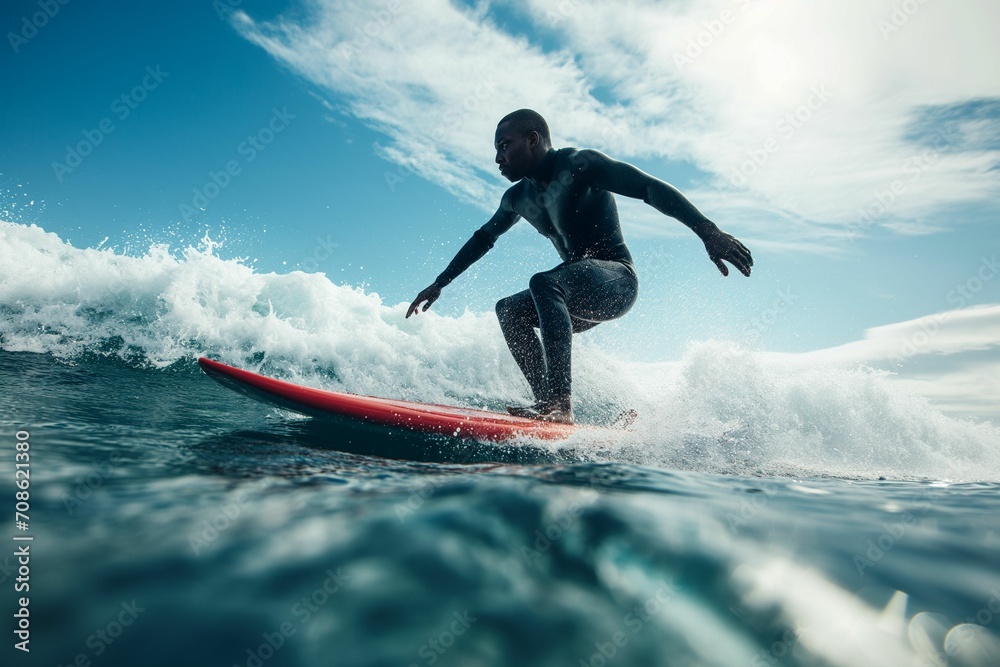 Dynamic Surfing Action: Young Man Riding Ocean Wave