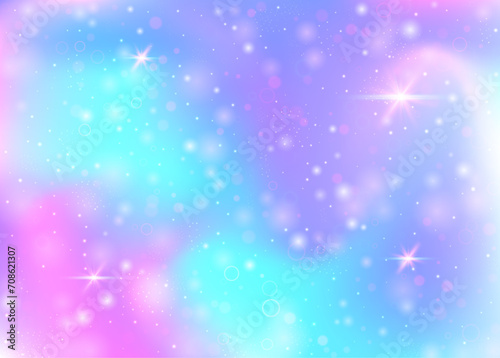 Holographic background with rainbow mesh. Girlish universe banner in princess colors. Fantasy gradient backdrop with hologram. Holographic magic background with fairy sparkles, stars and blurs.