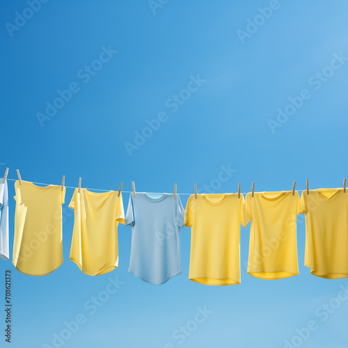  Pastel blue background, yellow T-shirts with short sleeves are drying on a clothesline