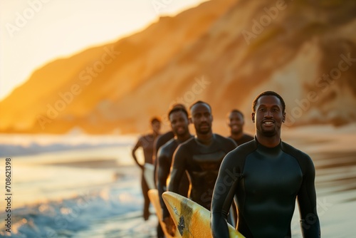 Surfer Friends in Wetsuits at Sunset on California Beach