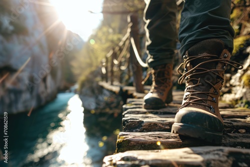 Wandering the Plitvice Trails: A detailed glimpse of a tourist's feet exploring the limestone boardwalks of Plitvice in Croatia, surrounded by cascading waterfalls and the untouched beauty of nature. 