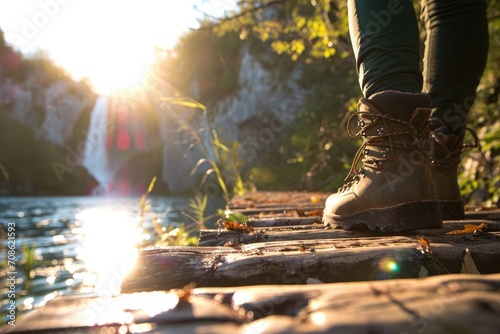 Wandering the Plitvice Trails: A detailed glimpse of a tourist's feet exploring the limestone boardwalks of Plitvice in Croatia, surrounded by cascading waterfalls and the untouched beauty of nature. 