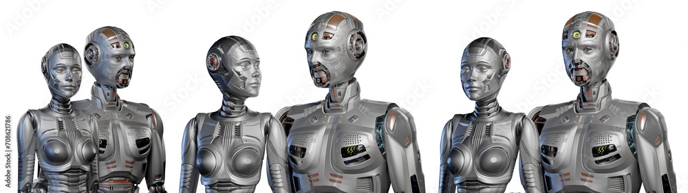 3d render of two detailed futuristic robots man and woman looking at each other while staying together. Upper bodies view isolated on transparent background. Set or collage of three poses. 3d render of two detailed futuristic robots man and woman looking at each other while staying together. Upper bodies view isolated on transparent background. Set or collage of three poses.
