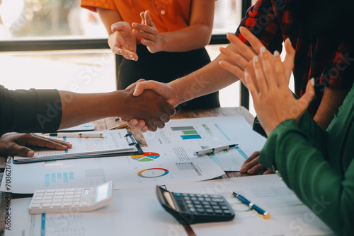 Meeting and greeting concept, Two confident Business handshake and business people after discussing good deal of Trading contract and new projects for both companies, success, partnership, co worker.