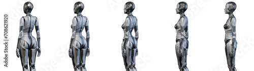 Futuristic robot woman or very detailed humanoid lady. Collage or set of five different angles of the upper body. Isolated on transparent background. 3d rendering