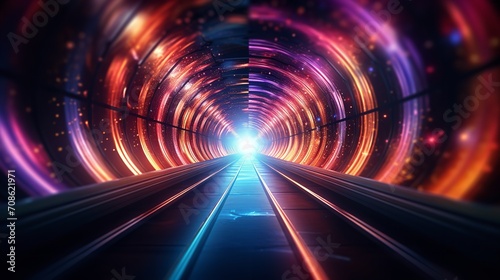 Rays from the lights in the foreground of a colorful tunnel, Generative AI.