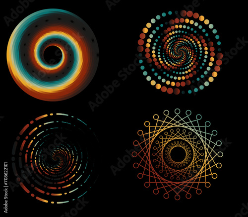 Dotted Spiral Vortex, Gradient Spiral Vortex, set of circle with black background