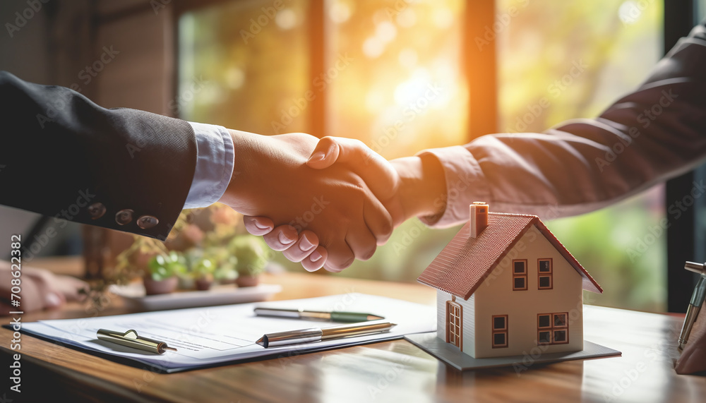 
The real estate agent discussed the home purchase terms and requested the customer to sign the documents to finalize the contract legally. This relates to the sale and insurance of homes - obrazy, fototapety, plakaty 