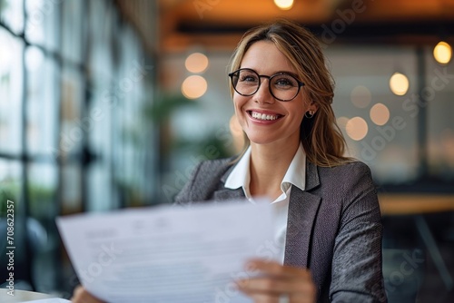 Smiling mature business woman hr holding cv at job interview. Happy mid aged professional banking financial manager, insurance agent, lawyer consulting clients at work corporate meeting, Generative AI photo