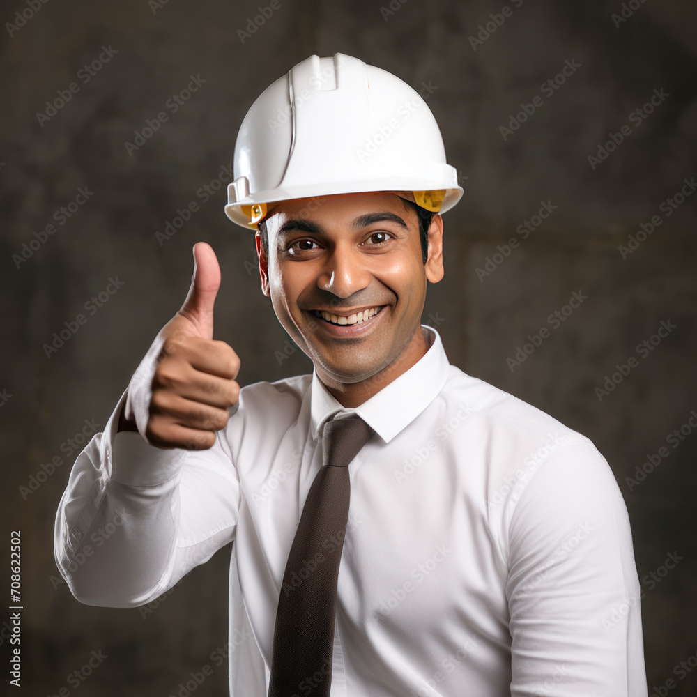 young indian male engineer showing thumbs up. young indian male engineer showing thumbs up.