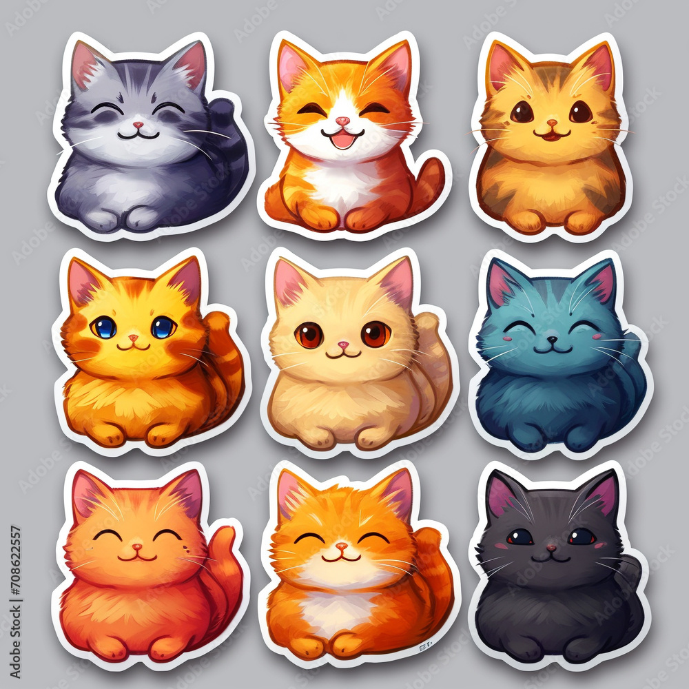 set of cats kawaii, cartoon cute, collection funny. Art Kawaii