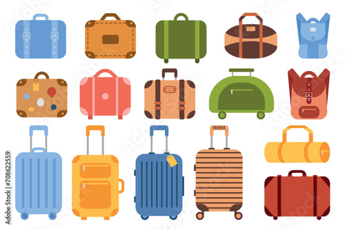 Set of suitcases, bags and backpacks for travel. Various kinds of travel luggage. Family traveling suitcases, cabin luggage and check in baggage. Vector illustration in flat design. photo
