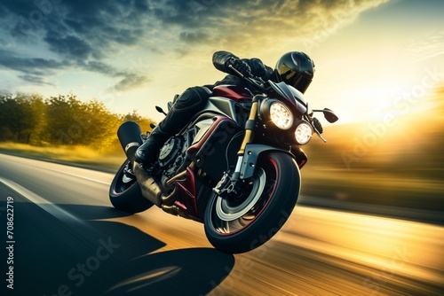 Motorcyclist speeds down the road on a powerful motorcycle. © Miltan