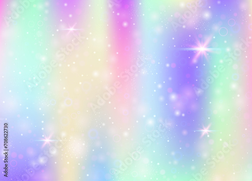 Hologram background with rainbow mesh. Mystical universe banner in princess colors. Fantasy gradient backdrop. Hologram magic background with fairy sparkles  stars and blurs.