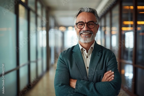 Smiling older bank manager or investor, happy middle aged business man boss leader, confident mid adult professional businessman executive standing in office hallway, mature entrepreneur,Generative AI photo