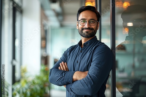 Happy Indian businessman professional leader standing arms crossed in office. Smiling male employee, business man company executive manager, confident eastern entrepreneur at work, Generative AI photo