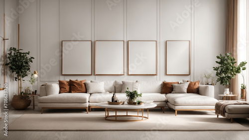 Frame mockup Living room wall poster mockup contemporary Scandinavian style interior background design A stunning living room interior with a white wall adorned with vertical blank frames, © SR Production