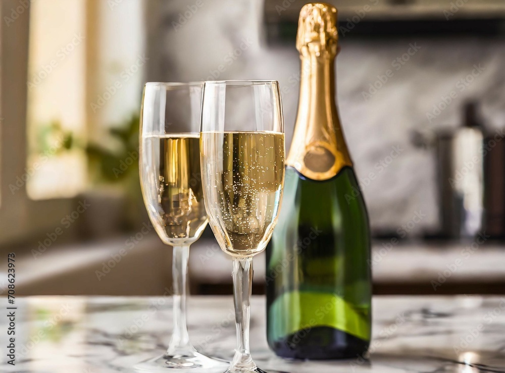 Champagne bottle and glasses isolated on luxury kitchen counter closeup photography