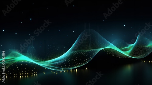 Technology backdrop with an abstract wave moving green dots and flow particles, Generative AI.