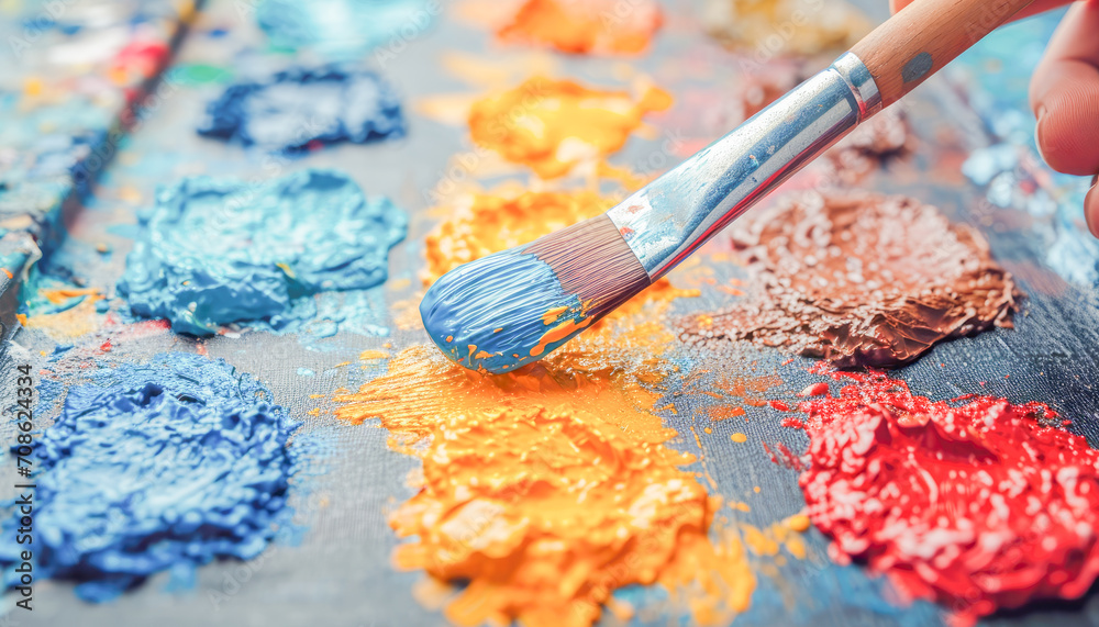 Obraz premium Paint brush, wrapped and color paint, abstract composition, Hobbies and leisure concept, generative ai