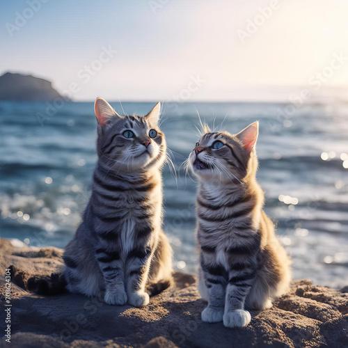 Kittens are sitting near the sea.
