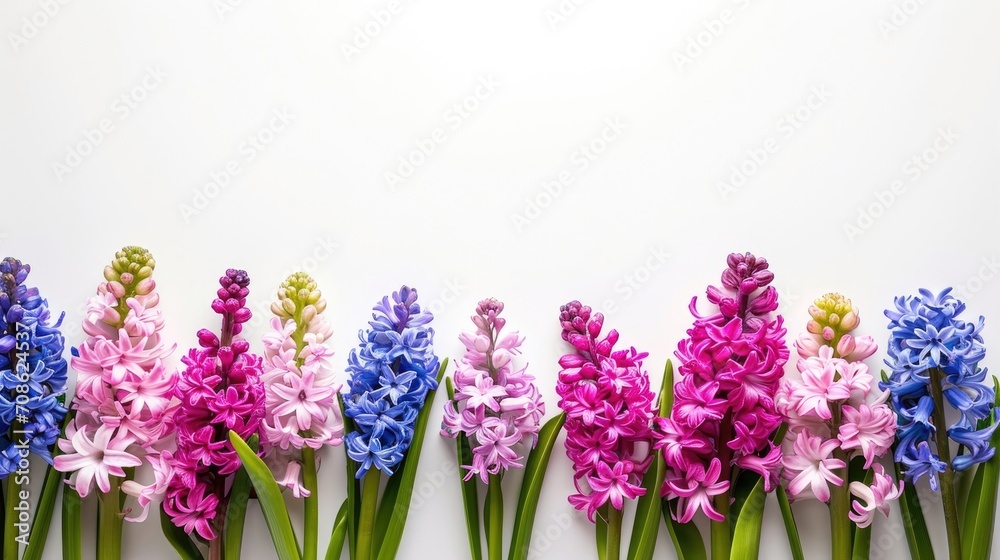 Fototapeta premium Purple hyacinth flowers in full bloom, with vibrant petals and a delightful fragrance. The flowers are set against a green background.