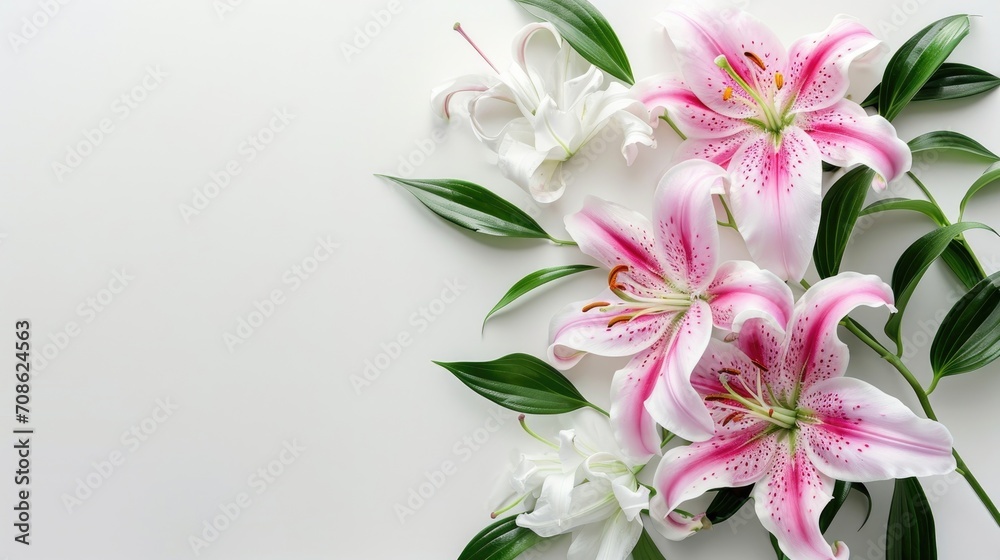 Exquisite white lilies with vibrant green leaves arranged on a clean white background, showcasing their delicate petals and prominent anthers, exuding elegance and purity Exquisite white lilies with vibrant green leaves arranged on a clean white background, showcasing their delicate petals and prominent anthers, exuding elegance and purity
