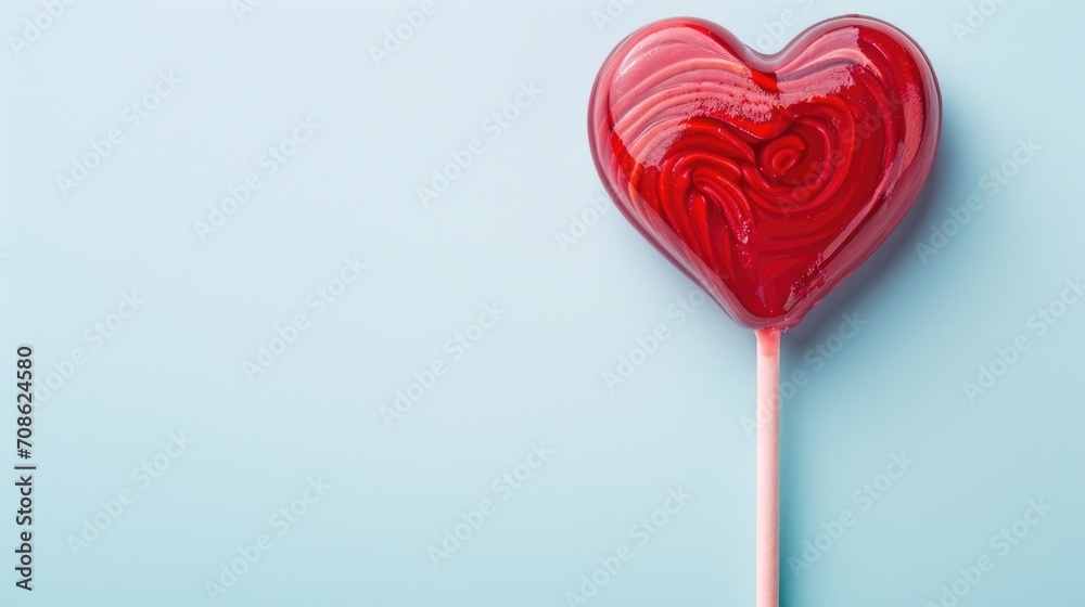 A shiny red heart-shaped lollipop against a light blue background, space for text, Valentine's day banner