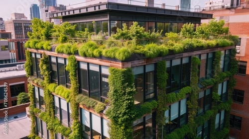 A building with a green rooftop and walls covered in lush vertical gardens © mashimara